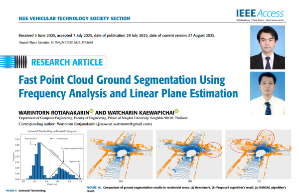 ผลงานวิจัย Fast Point Cloud Ground Segmentation ของนายวรินทร์ โรจนกรินทร์ นักศึกษาระดับปริญญาเอก สาขาวิชาวิศวกรรมคอมพิวเตอร์ ได้รับการตีพิมพ์ในวารสาร  IEEE Access ซึ่งจัดอยู่ในของฐานข้อมูล  Scopus Q1